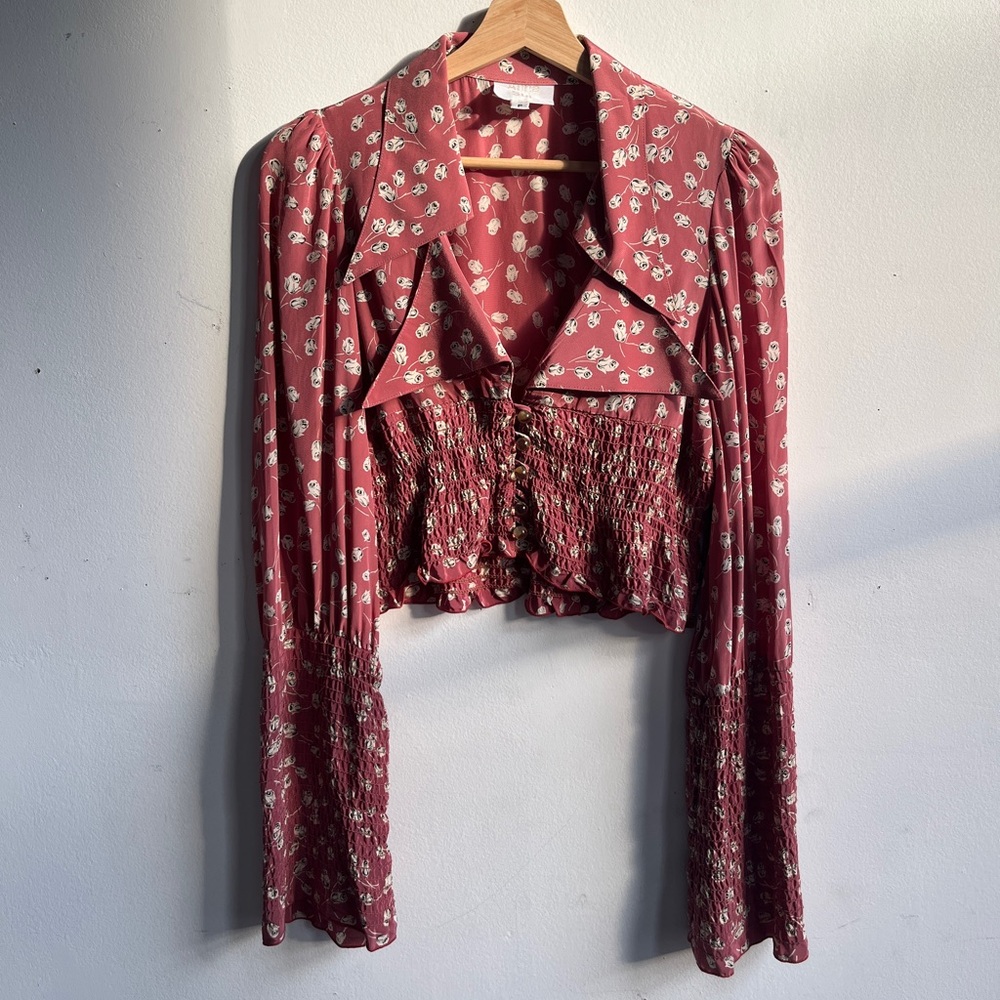 Vintage 1993 Anna Sui Dusty Rose Floral Smocked Cropped Blouse 🌹Kate Moss Runway